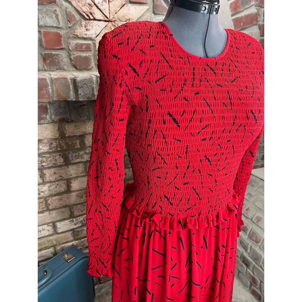 Liz Claiborne dress smocked bodice red black long sleeve pockets - Picture 5 of 12